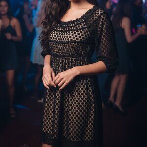 Umgee Fit And Flare Dress Size Medium Black/Polka dots Nude lining Goth Boho